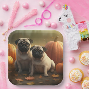 Pug Puppy Autumn Delight Pumpkin Paper Plate
