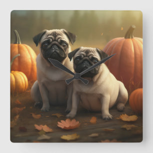 Pug Puppy Autumn Delight Pumpkin Square Wall Clock