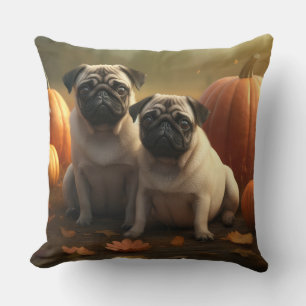 Pug Puppy Autumn Delight Pumpkin Throw Pillow