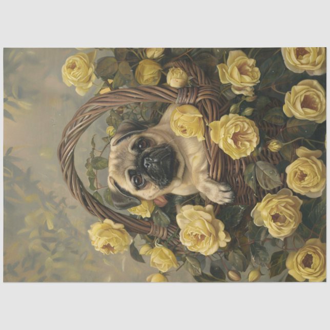 Pug Puppy Basket of Yellow Roses Decoupage Tissue Paper (Front)