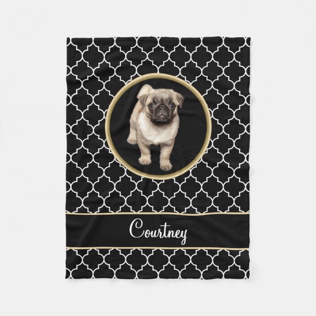 Pug Puppy Black White Quatrefoil with Name Fleece Blanket (Front)