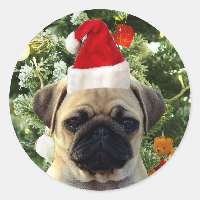 Pug Puppy Dog Christmas Tree Ornaments Snowman Classic Round Sticker (Front)