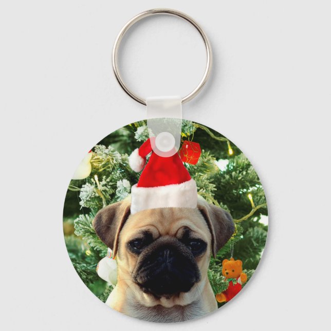Pug Puppy Dog Christmas Tree Ornaments Snowman Keychain (Front)