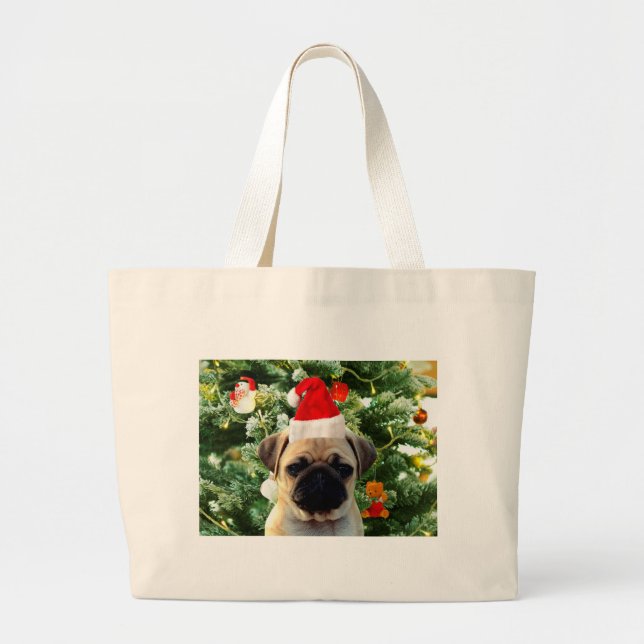 Pug Puppy Dog Christmas Tree Ornaments Snowman Large Tote Bag (Front)