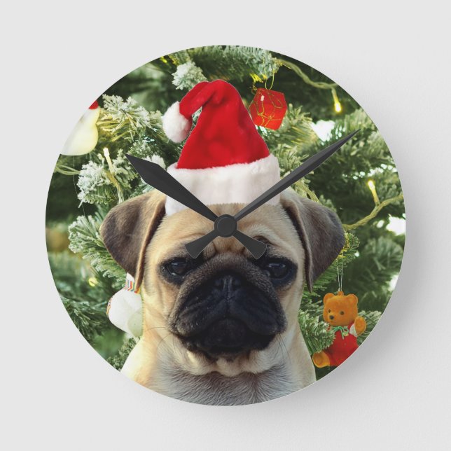 Pug Puppy Dog Christmas Tree Ornaments Snowman Round Clock (Front)