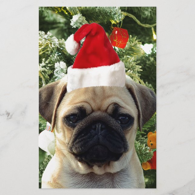 Pug Puppy Dog Christmas Tree Ornaments Snowman Stationery (Front)
