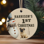 Pug Puppy Heart melting First Christmas Ceramic Ornament<br><div class="desc">A adorable watercolor pug puppy and snowman makes these custom first Christmas ornaments a heart warming keepsake gift. Easily customize to make a special gift this Christmas.</div>