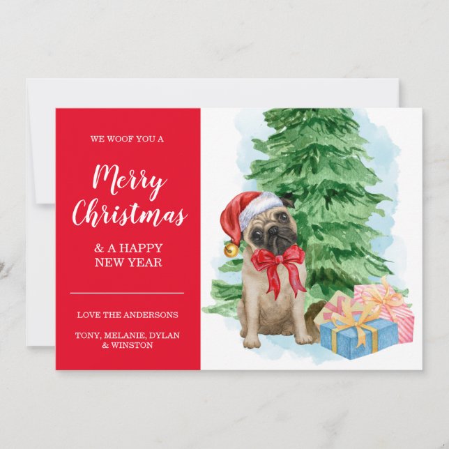 Pug Puppy Inexpensive Christmas Santa Hat Dog Card (Front)