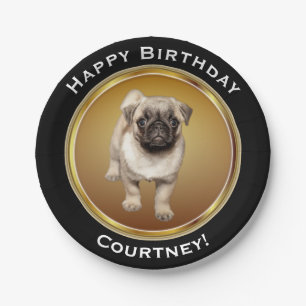 Pug Puppy on Faux Gold Happy Birthday with Name Paper Plate