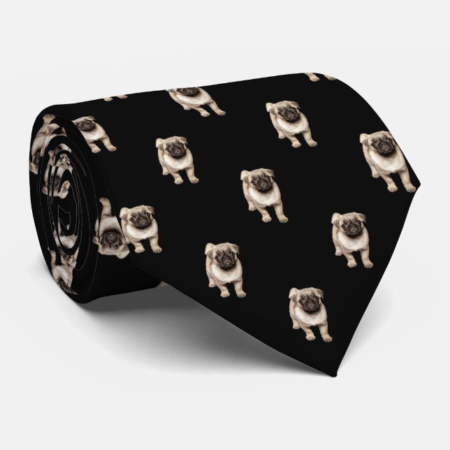 Pug Puppy Pattern on Black Tie (Rolled)
