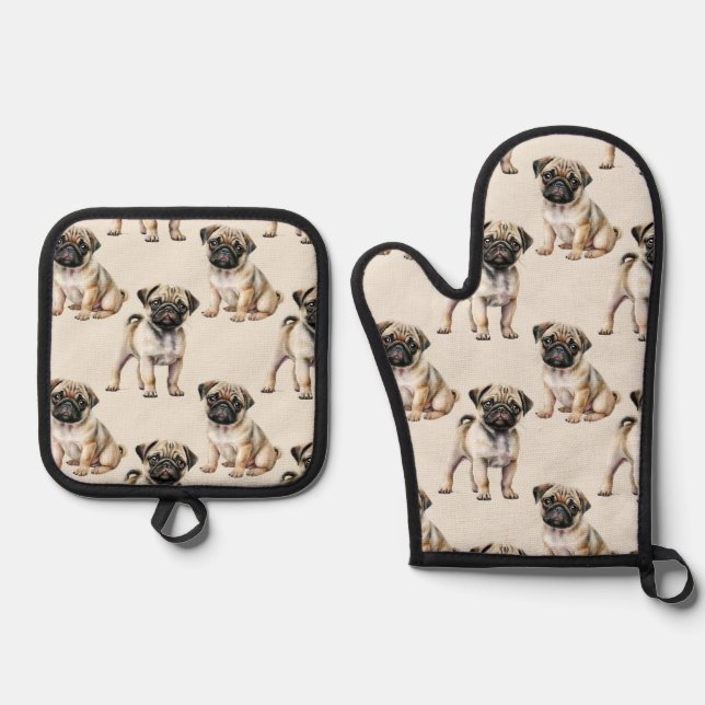 Pug Puppy Pattern Oven Mitt & Pot Holder Set (Front)
