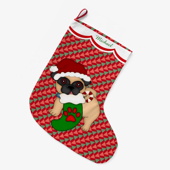 Pug Puppy Pattern Personalized Large Christmas Stocking (Front (Hanging))