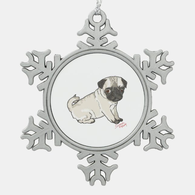 Pug Puppy Snowflake Pewter Christmas Ornament (Front)
