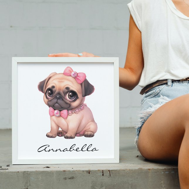 Pug Puppy With Pink Bow Illustration Custom Name Poster (Pug Puppy With Pink Bow Illustration Custom Name Poster-Adorable Dog Lover Nursery Wall Art Decor)