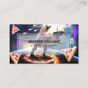 Pug riding dinosaur unicorn in space               business card