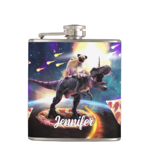 Pug riding dinosaur unicorn in space hip flask