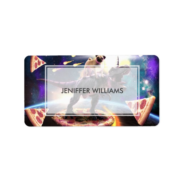 Pug riding dinosaur unicorn in space               label (Front)