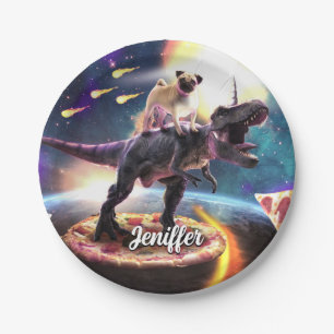 Pug riding dinosaur unicorn in space               paper plate