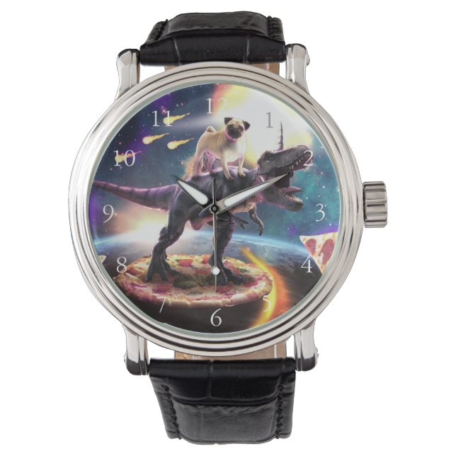 Pug riding dinosaur unicorn in space               watch (Front)