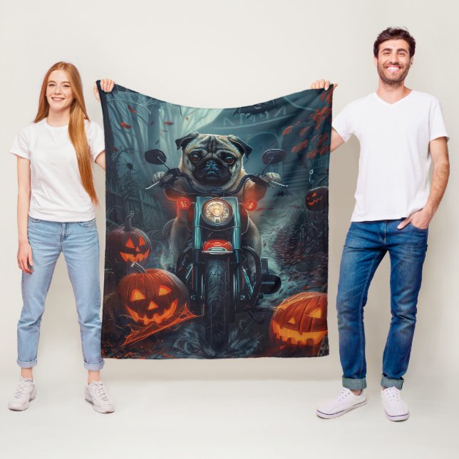 Pug Riding Motorcycle Halloween Scary Fleece Blanket (In Situ)