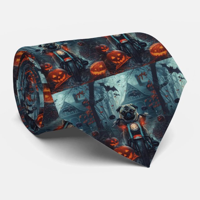 Pug Riding Motorcycle Halloween Scary Tie (Rolled)
