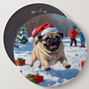 Pug Running in Snow with Christmas Hat 6 Inch Round Button