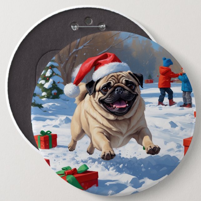 Pug Running in Snow with Christmas Hat 6 Inch Round Button (Front & Back)
