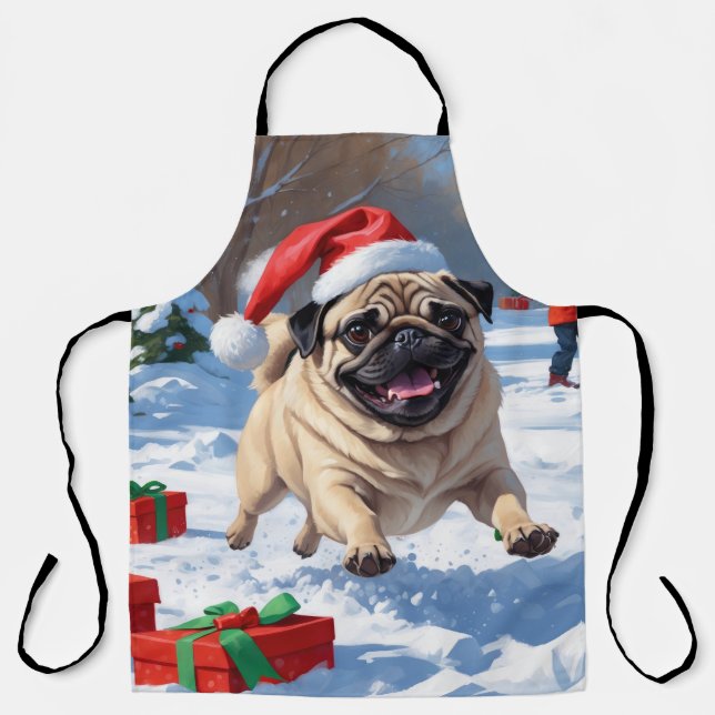 Pug Running in Snow with Christmas Hat Apron (Front)
