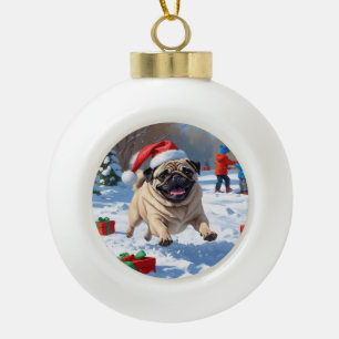 Pug Running in Snow with Christmas Hat Ceramic Ball Christmas Ornament