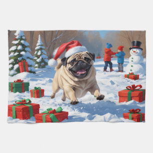 Pug Running in Snow with Christmas Hat Kitchen Towel