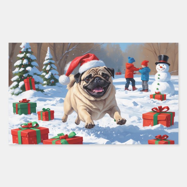 Pug Running in Snow with Christmas Hat Sticker (Front)