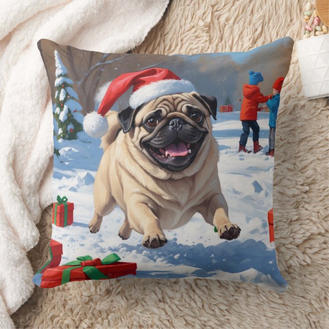 Pug Running in Snow with Christmas Hat Throw Pillow (Blanket)