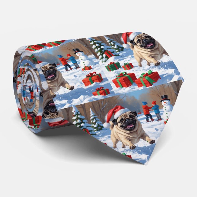 Pug Running in Snow with Christmas Hat Tie (Rolled)