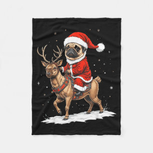Pug Santa Riding Reindeer Christmas Holiday Puppy  Fleece Blanket