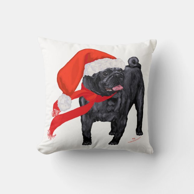 Pug Santa's Helper Throw Pillow (Front)