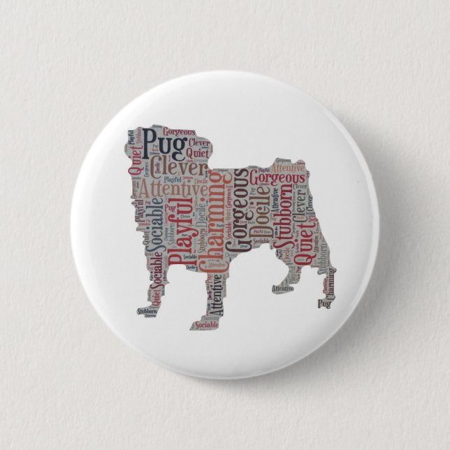 Pug silhouette colourful words button (Front)