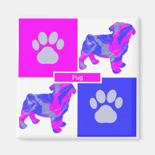 Pug Silhouette Dog & Paw Pink and Blue Square Magnet