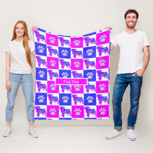 Pug Silhouette Dog & Paw Print Hot Pink and Blue Fleece Blanket