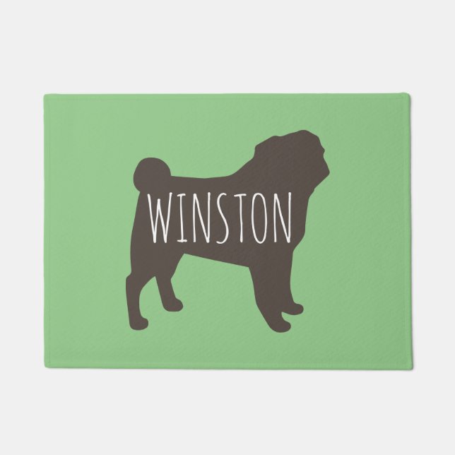 Pug Silhouette | Grey and Green Personalized Doormat (Front)