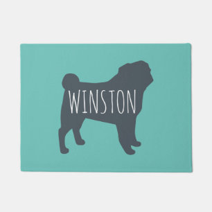 Pug Silhouette   Grey and Teal Personalized Doormat