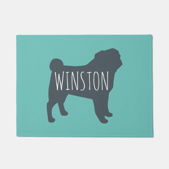 Pug Silhouette | Grey and Teal Personalized Doormat (Front)