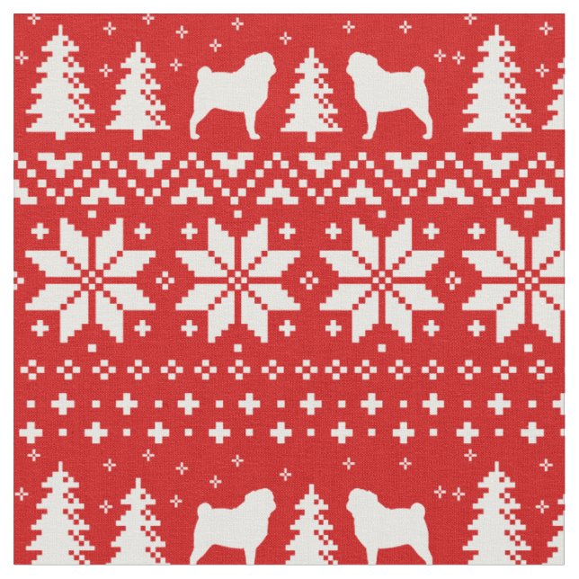 Pug Silhouettes Christmas Holiday Patterned Fabric (Close Up)