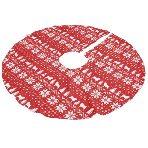 Pug Silhouettes Christmas Sweater Style Pattern Faux Linen Tree Skirt