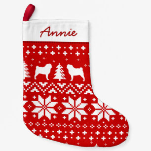 Pug Silhouettes Pattern Red and White Small Christmas Stocking