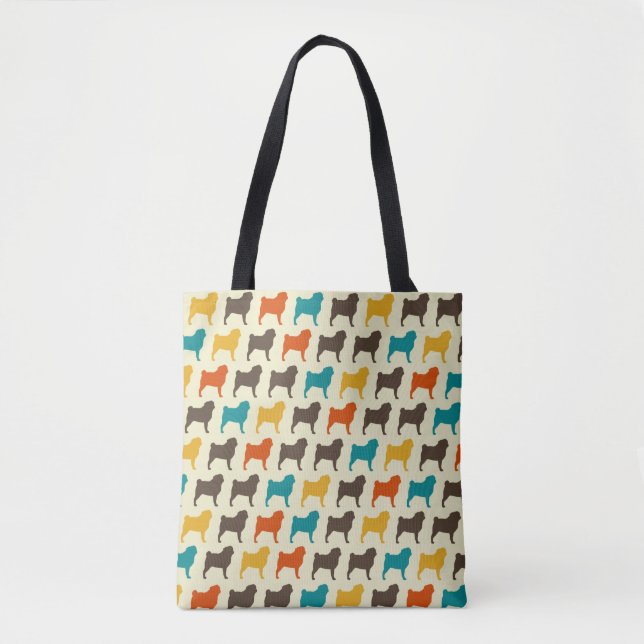 Pug Silhouettes | Retro Colours Dog Breed Pattern Tote Bag (Front)