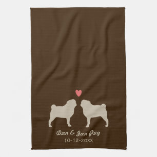 Pug Silhouettes with Heart and Text Kitchen Towel