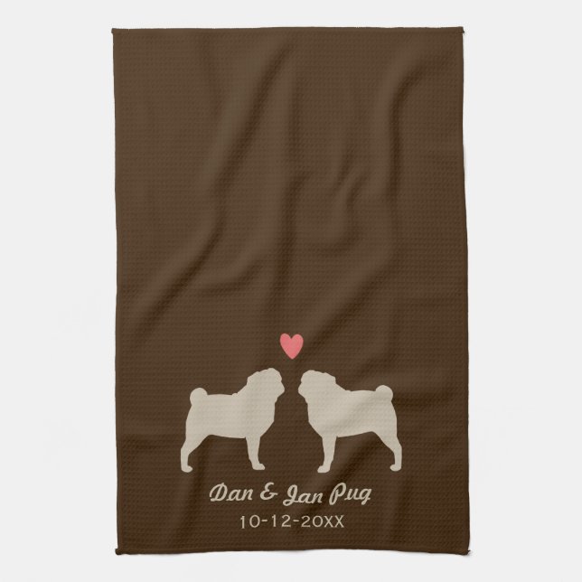 Pug Silhouettes with Heart and Text Kitchen Towel (Vertical)