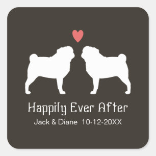 Pug Silhouettes with Heart and Text Square Sticker