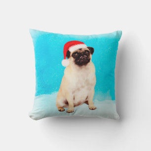 Pug Sitting in snow with Christmas Santa Hat Throw Pillow