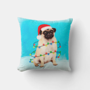 Pug Sitting in snow with Lights Christmas Hat Throw Pillow